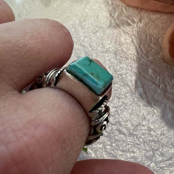 Vintage Square cut Turquoise Ring Handmade Solid 925 Sterling Silver about sz. 7 - Picture 11 of 16